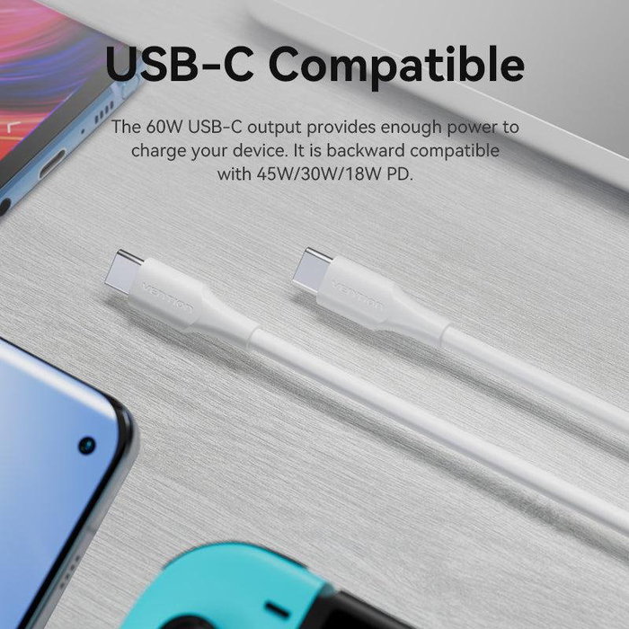 Vention Cable USB 2.0 Tipo-C a Tipo-C 2m 60W Blanco